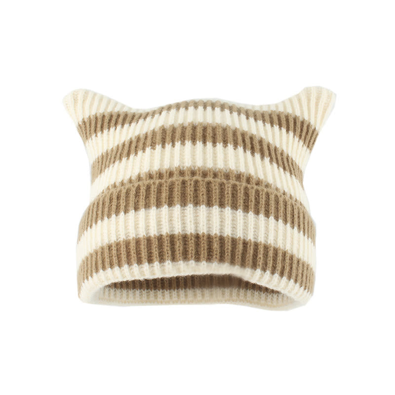 Große Größen: Beanie mit dicken Streifen und Katzenohren