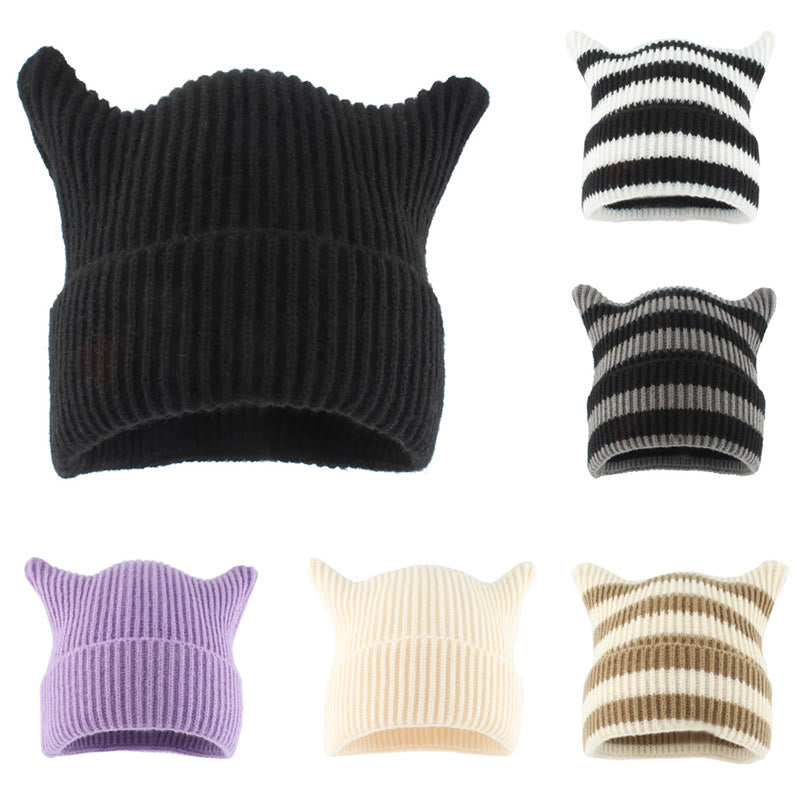 Große Größen: Beanie mit dicken Streifen und Katzenohren