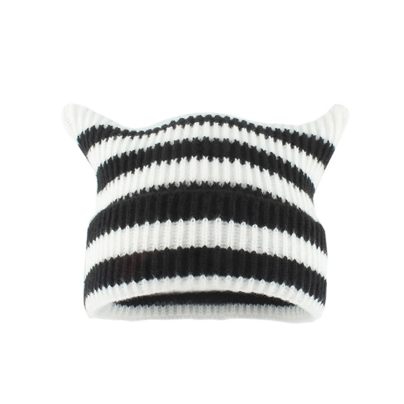 Große Größen: Beanie mit dicken Streifen und Katzenohren - Weiß - Einheitsgröße - image 8