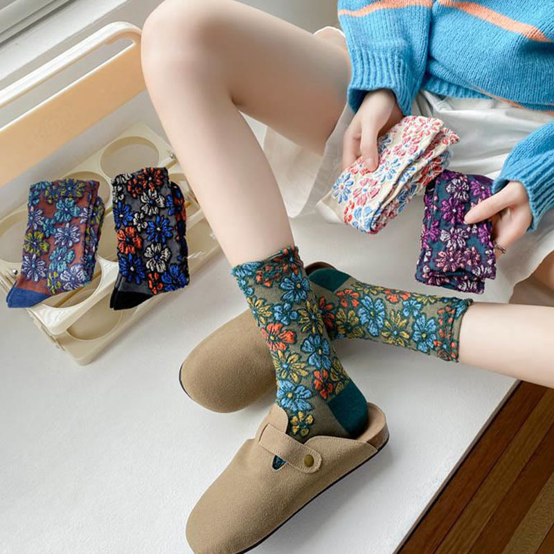 Viertelsocken mit Retro-Schnitzblumen (5 Paar) - image 4