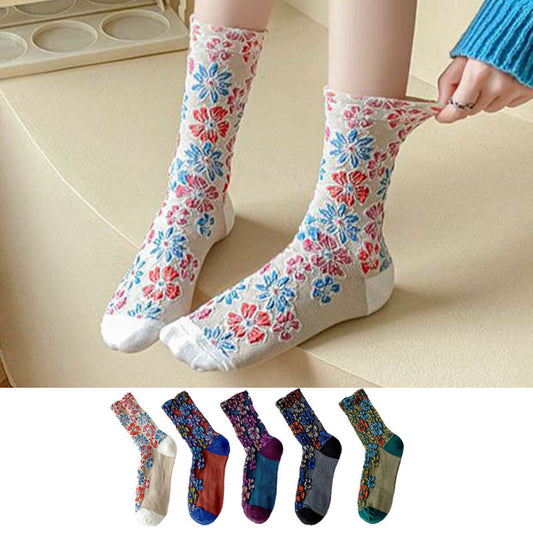 Viertelsocken mit Retro-Schnitzblumen (5 Paar) - image 1