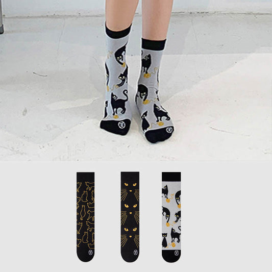 Cartoon-Socken mit schwarzer Katze (3 Paar) - Mehrfarbig - EU36-43 (US3-9) - image 0