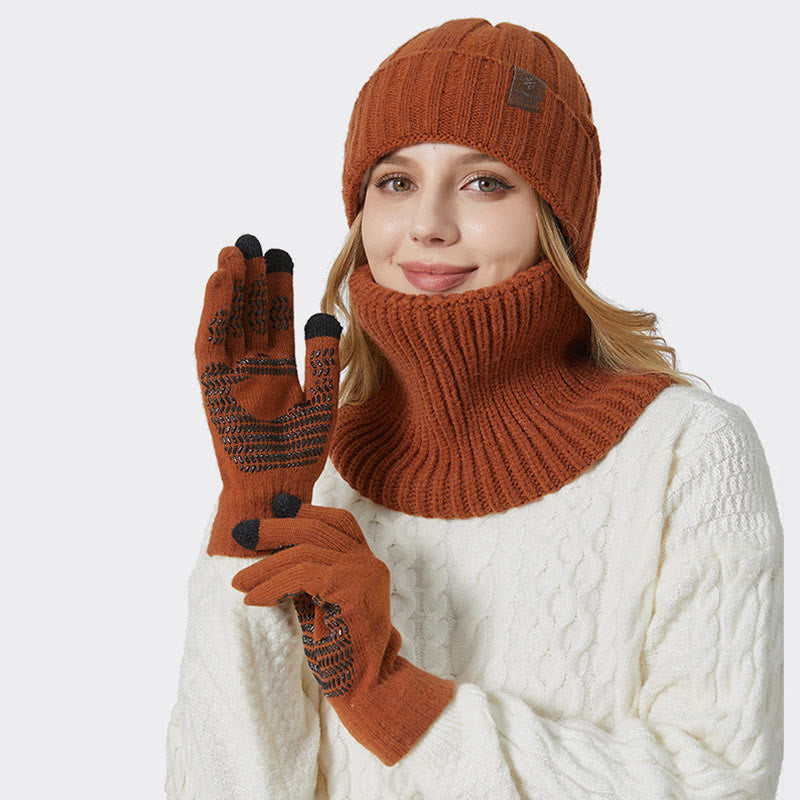 Modisches warmes 3-in-1-Set mit Handschuhen, Mütze und Schal