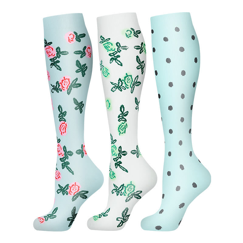 Kompressionsstrümpfe mit Blumen- und Punktmuster (3 Paar) - Mehrfarbig - S/M - image 0