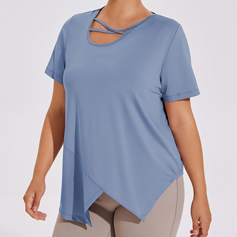 Atmungsaktives, asymmetrisches Kurzarm-Yoga-Shirt in Übergröße - Blau - 4XL - image 0