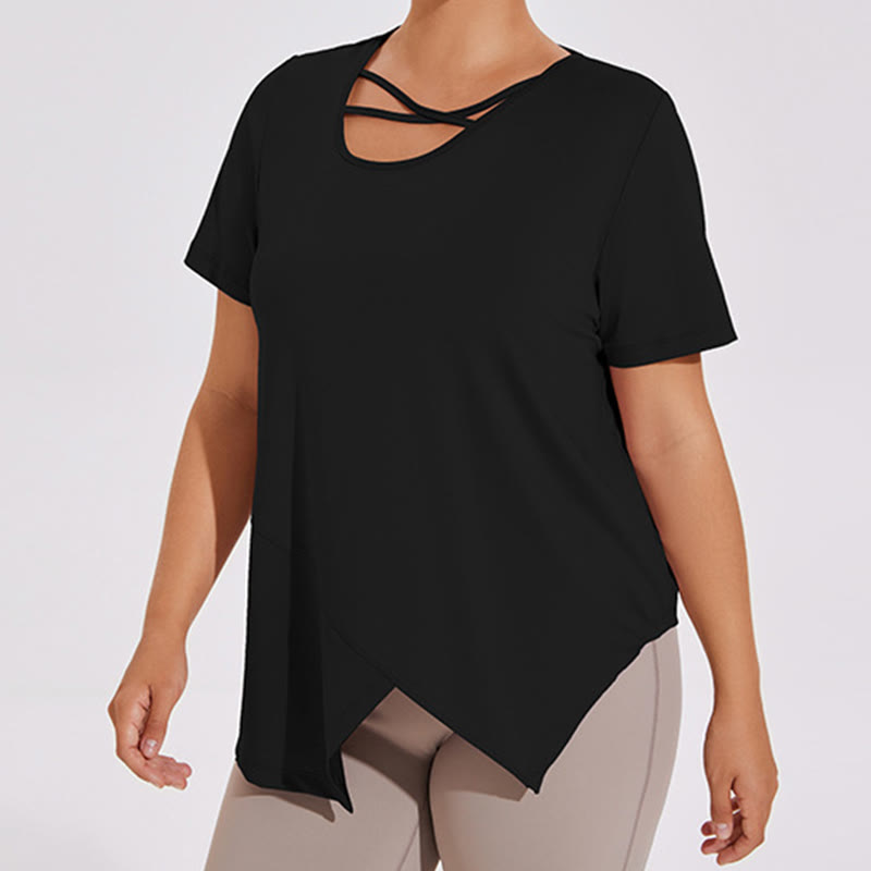Atmungsaktives, asymmetrisches Kurzarm-Yoga-Shirt in Übergröße - Schwarz - 4XL - image 2