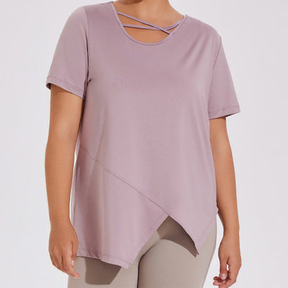 Atmungsaktives, asymmetrisches Kurzarm-Yoga-Shirt in Übergröße - image 4