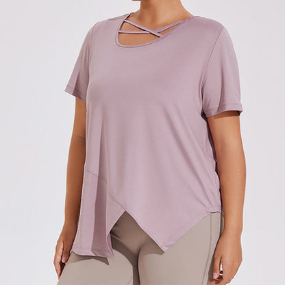 Atmungsaktives, asymmetrisches Kurzarm-Yoga-Shirt in Übergröße - Lila - 4XL - image 1