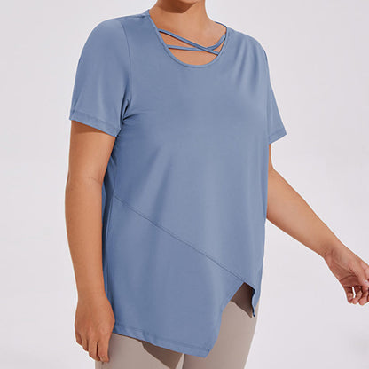 Atmungsaktives, asymmetrisches Kurzarm-Yoga-Shirt in Übergröße - image 3