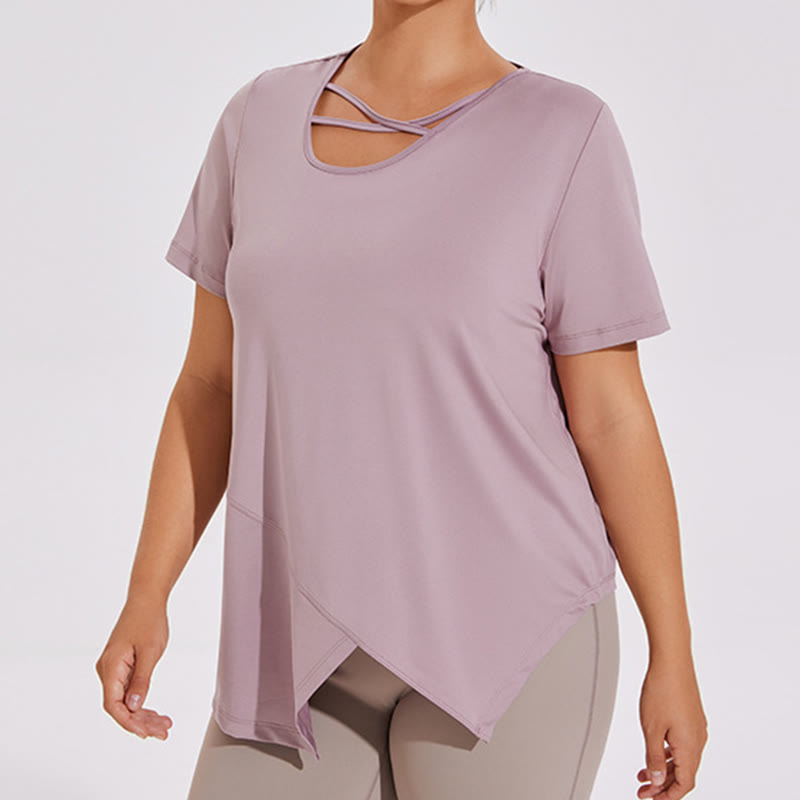 Atmungsaktives, asymmetrisches Kurzarm-Yoga-Shirt in Übergröße - image 5