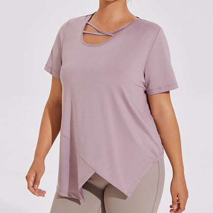 Atmungsaktives, asymmetrisches Kurzarm-Yoga-Shirt in Übergröße - image 5