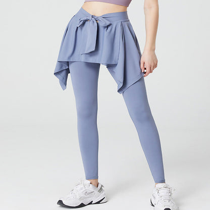 Plus Size 2-in-1 Workout-Yogahose mit Bindegürtel und Rock - Blau - 5XL - image 1