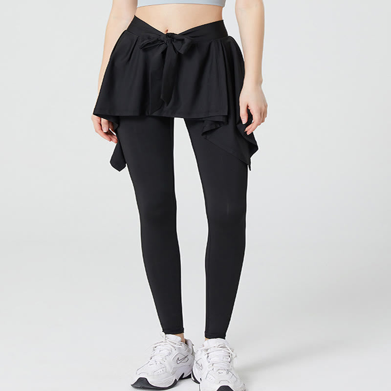 Plus Size 2-in-1 Workout-Yogahose mit Bindegürtel und Rock - Schwarz - 5XL - image 3