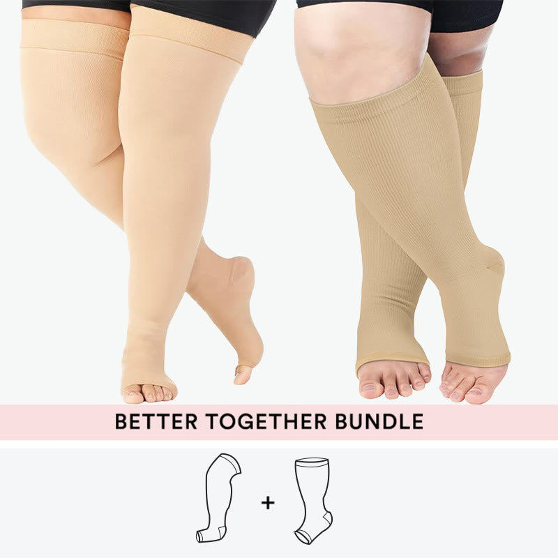 Bundle Übergröße Oberschenkelhohe + Kompressionsstrümpfe mit offener Spitze - Nackt - 7XL - 4XL - image 0
