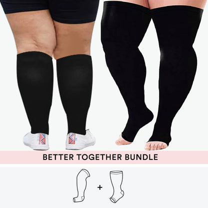 Bundle Übergröße Oberschenkelhohe + Kompressionsstrümpfe mit offener Spitze - Schwarz - 7XL - 4XL - image 1