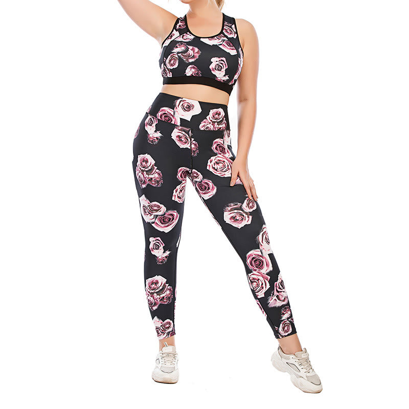 Plus Size Fitness-Yoga-Sportanzug mit Rosenmuster - image 1