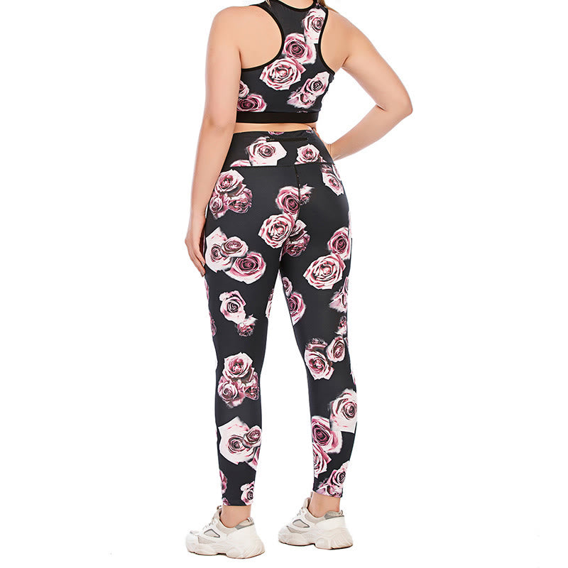 Plus Size Fitness-Yoga-Sportanzug mit Rosenmuster - image 3