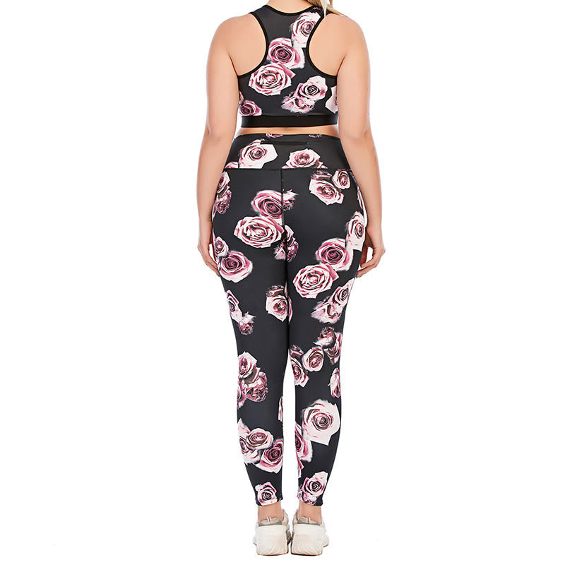 Plus Size Fitness-Yoga-Sportanzug mit Rosenmuster - image 4