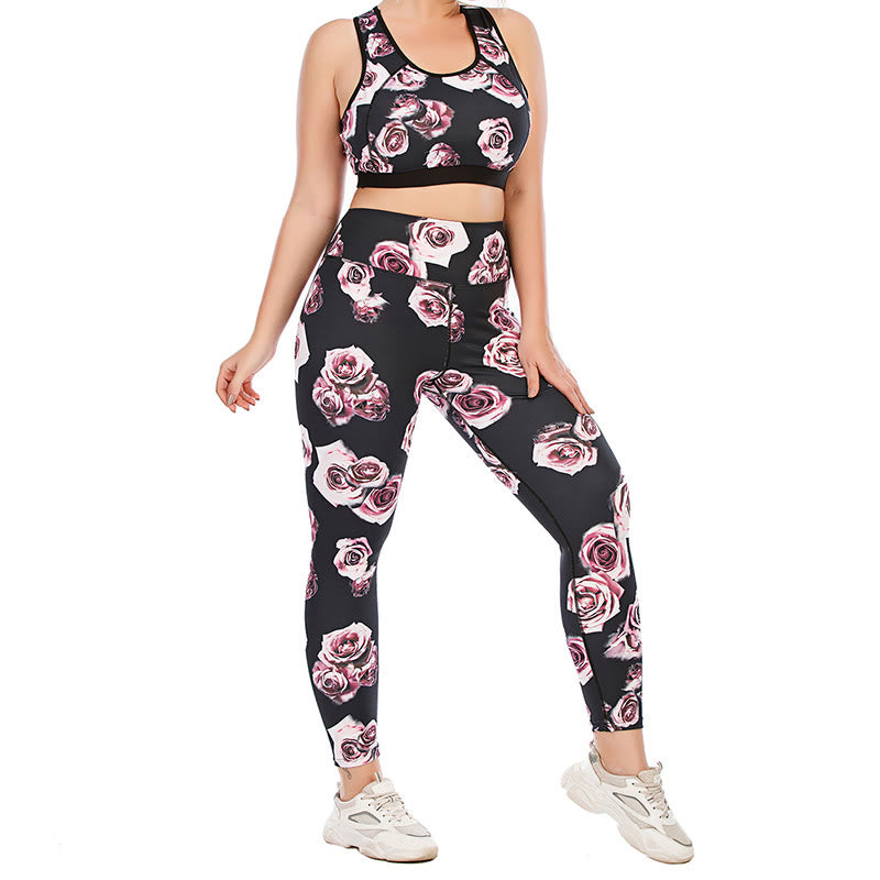 Plus Size Fitness-Yoga-Sportanzug mit Rosenmuster - image 2