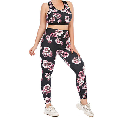 Plus Size Fitness-Yoga-Sportanzug mit Rosenmuster - image 2