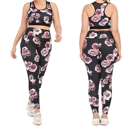 Plus Size Fitness-Yoga-Sportanzug mit Rosenmuster - image 0