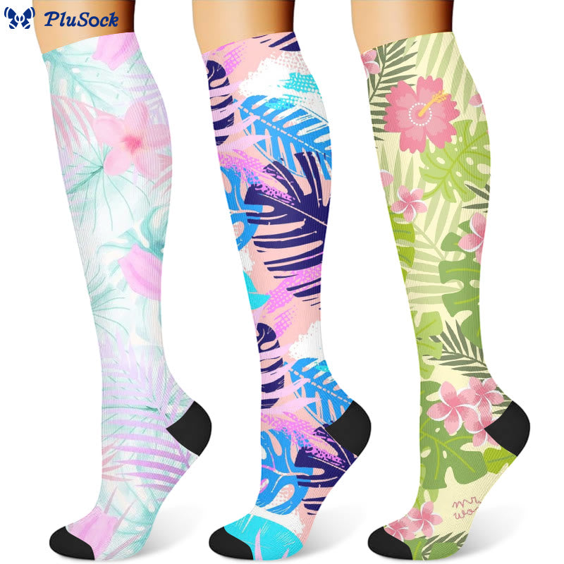 Kompressionsstrümpfe mit Blumen und Blättern (3 Paar) - Mehrfarbig - S/M - image 1