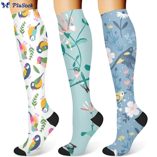 Kompressionsstrümpfe mit Vogel- und Blumenmotiv (3 Paar) - Mehrfarbig - S/M - image 1