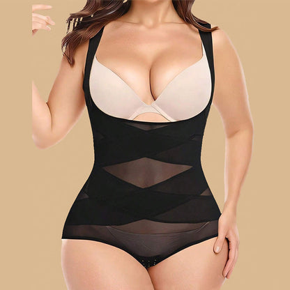 Sexy Shapewear aus Netzstoff mit gekreuzten Trägern und Bauchkontrolle in Übergröße