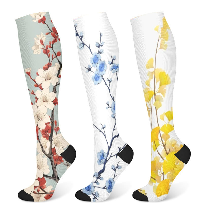 Kompressionsstrümpfe mit Ginkgoblättern und Pflaumenblüten (3 Paar) - Mehrfarbig - S/M - image 5