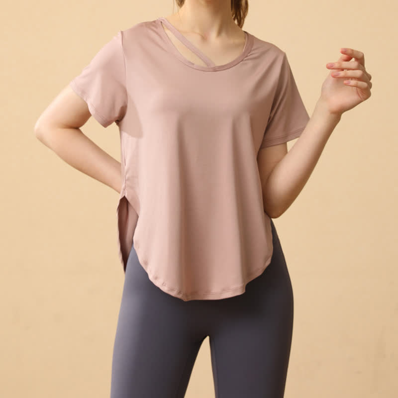 Plus Size Lockerer, atmungsaktiver, schnelltrocknender Yoga-Kurzarmanzug - Aprikose - 3XL - image 0
