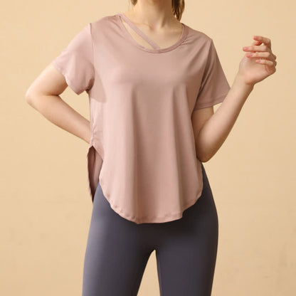 Plus Size Lockerer, atmungsaktiver, schnelltrocknender Yoga-Kurzarmanzug - Aprikose - 3XL - image 0