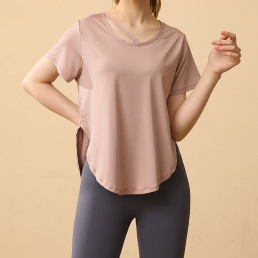 Plus Size Lockerer, atmungsaktiver, schnelltrocknender Yoga-Kurzarmanzug - Aprikose - 3XL - image 0