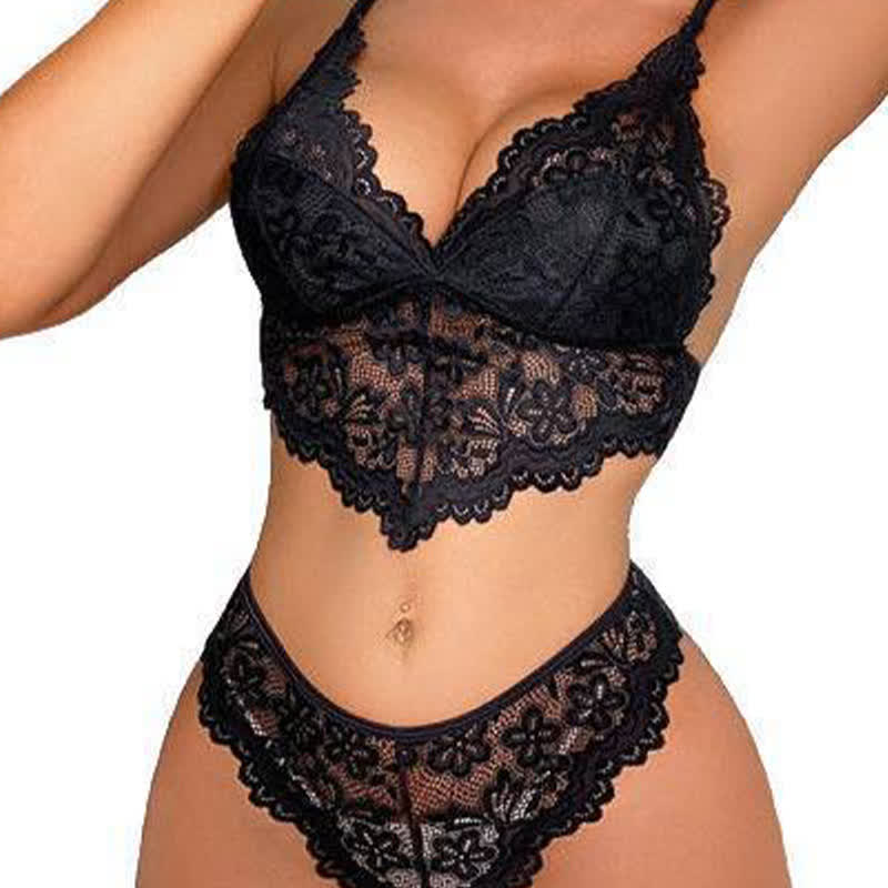 Sexy BH-Tanga-Set mit hohler Spitze in Übergröße, bügellos