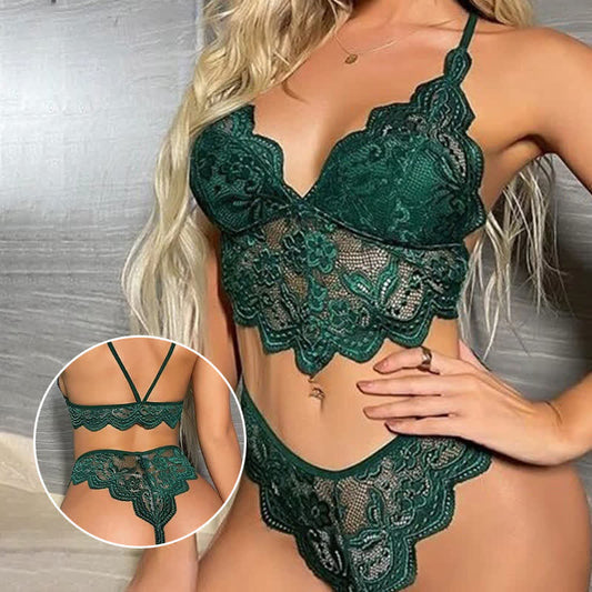 Sexy BH-Tanga-Set mit hohler Spitze in Übergröße, bügellos