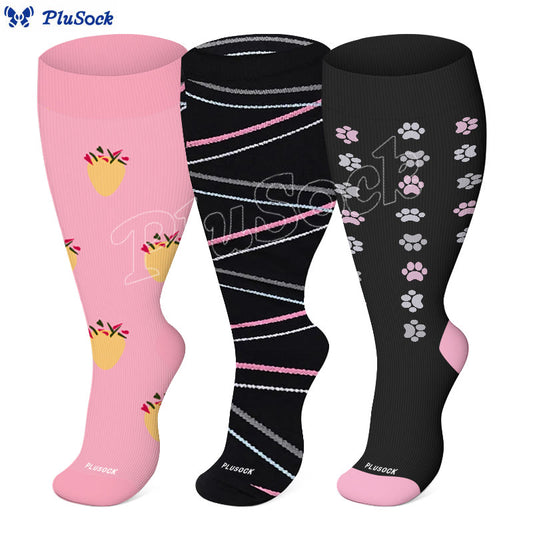 2XL-7XL Übergröße Kompressionsstrümpfe mit Hundeabdrücken und Ananasmotiv (3 Paar)