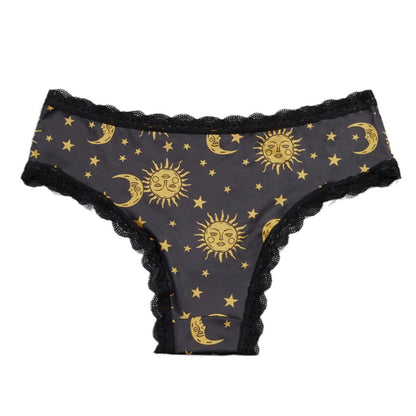 Nahtloser Tanga mit niedrigem Bund und Spitzenbesatz, Sonne-Mond-Aufdruck (3er-Pack)