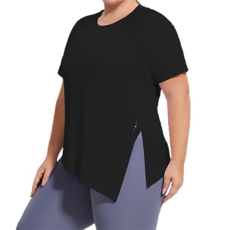 Plus Size Yoga-Workout-Kurzarmtop mit Schlitz am Saum - image 6