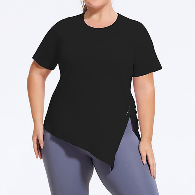 Plus Size Yoga-Workout-Kurzarmtop mit Schlitz am Saum - Schwarz - 4XL - image 5