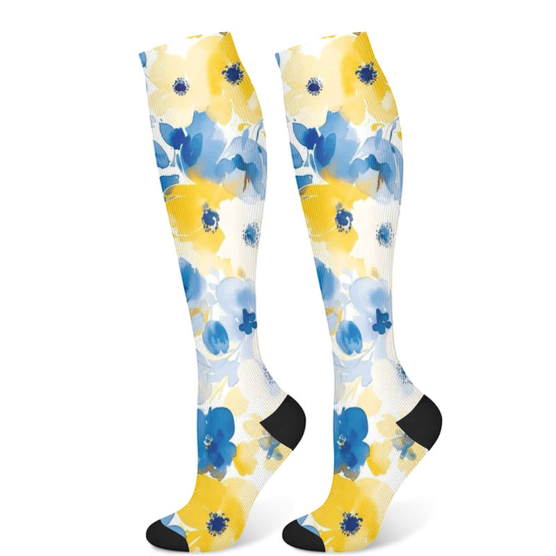 Gelb-rosa blühende Blumen-Kompressionsstrümpfe (3 Paar) - Blau (1 Paar) - S/M - image 7