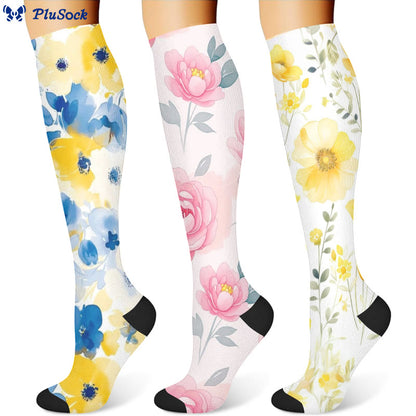 Gelb-rosa blühende Blumen-Kompressionsstrümpfe (3 Paar) - image 1