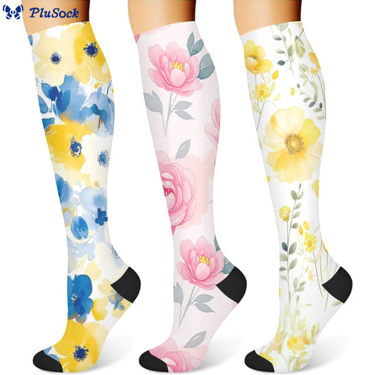 Gelb-rosa blühende Blumen-Kompressionsstrümpfe (3 Paar) - image 1
