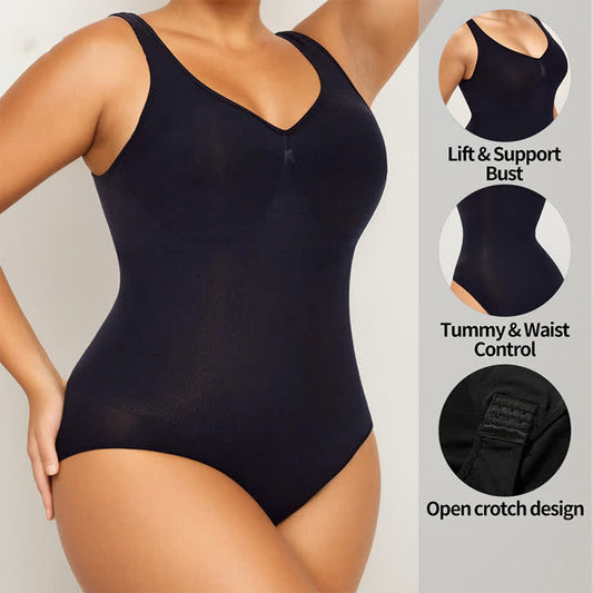 Schwarzer nahtloser Shapewear-Bodysuit mit Hüftlift, einteilig