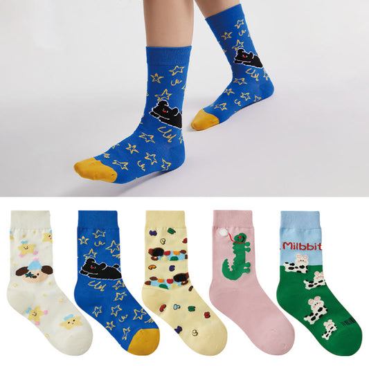 Viertelsocken mit niedlicher Cartoon-Illustration (5 Paar) - Mehrfarbig - EU36-40 (US3-7) - image 1
