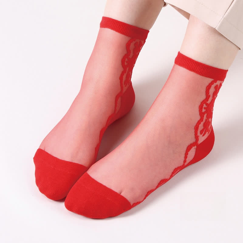 Transparente Baumwoll-Söckchen mit Blumenmuster in Übergröße (8 Paar) - Rot - EU36-40 (US3-7) - image 9