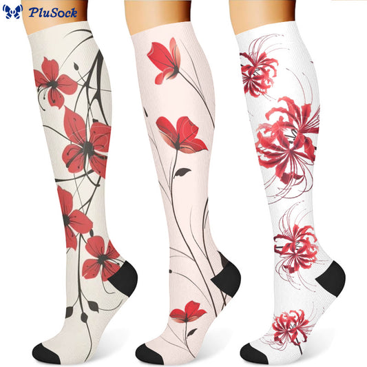 Kompressionsstrümpfe mit roten Blumen (3 Paar) - image 1