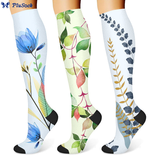 Kompressionsstrümpfe mit grünen Blättern und blauen Blumen (3 Paar) - image 1