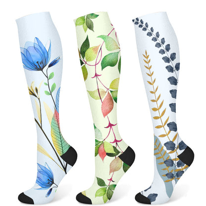 Kompressionsstrümpfe mit grünen Blättern und blauen Blumen (3 Paar) - Mehrfarbig - S/M - image 5