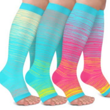 Bunt gestreifte Kompressionsstrümpfe mit offener Spitze (3 Paar) - Mehrfarbig - 2XL - image 1
