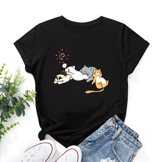 T-Shirt mit Rundhalsausschnitt und kurzen Ärmeln in Übergröße mit Katzen-Print - Schwarz - 5XL - image 1