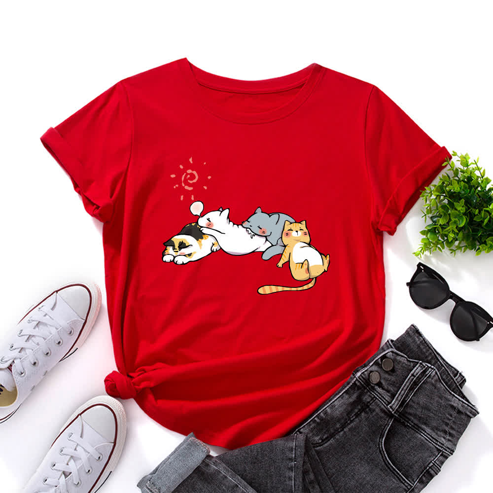 T-Shirt mit Rundhalsausschnitt und kurzen Ärmeln in Übergröße mit Katzen-Print - Rot - 5XL - image 2